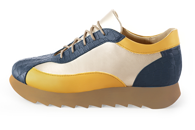 Denim blue, gold and mustard yellow women's three-tone elegant sneakers. Round toe. Low rubber soles. Profile view - Florence KOOIJMAN